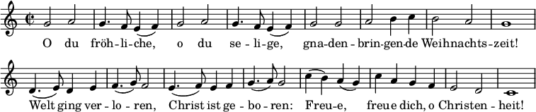 
<<
  \new Voice \relative c'' {
    \autoBeamOff
    \language "deutsch"
    \set Staff.midiInstrument = #"recorder"
    \tempo 4 = 120 \set Score.tempoHideNote = ##t
    \override Score.BarNumber #'transparent = ##t
    \time 2/2
    \repeat unfold 2 {
      g2 a g4. f8 e4 ( f )
    }
    g2 g a h4 c h2 a g1
    d4. ( e8 ) d4 e f4. ( g8 ) f2
    e4. ( f8 ) e4 f g4. ( a8 ) g2
    c4 ( h ) a ( g ) c a g f e2 d c1
  }
  \addlyrics {
    O du fröh -- li -- che, o du se -- li -- ge,
    gna -- den -- brin -- gen -- de Weih -- nachts -- zeit!
    Welt ging ver -- lo -- ren, Christ ist ge -- bo -- ren:
    Freu -- e, freu -- e dich, o Chris -- ten -- heit!
  }
>>
