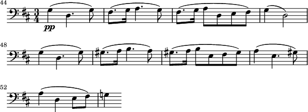 
\header {
  tagline = ""
}
\score {
\relative c' {
  \key b \minor
  \time 3/4
  \clef bass
  \set Score.tempoHideNote = ##t
  \tempo 4 = 96
  \set Staff.midiInstrument = "cello"
  \set Score.currentBarNumber = #44
  \bar ""
  g4\pp( d4. g8) | fis8.( g16 a4. g8) | fis8.( g16 a8 d, e fis) | g4( d2) |\break
  g4( d4. g8) | gis8.( a16 b4. a8) | gis8.( a16 b8 e, fis gis) | a4( e4. gis8) |\break
  a4( d, e8 fis) | g!4
}
\layout {
  ragged-last = ##t
  indent = 0\cm
  line-width = #150
}
\midi {}
}
