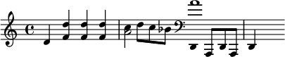 {\set Staff.midiInstrument = #"muted trumpet" d' <f' d''>4 <f' d''>4<f' d''>4 <<{a'2} {c''8 d''8 c''8 bes'8}>> <<{a'1} {\set Staff.midiInstrument = #"timpani" \clef bass d,8 a,, d, a,, d,4}>>}