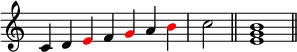 
{
\override Score.TimeSignature #'stencil = ##f
\relative c' { 
  \clef treble 
  \time 7/4 c4 d \once \override NoteHead.color = #red e f \once \override NoteHead.color = #red g a \once \override NoteHead.color = #red b  \time 2/4 c2 \bar "||"
  \time 4/4 <e, g b>1 \bar "||"
} }
