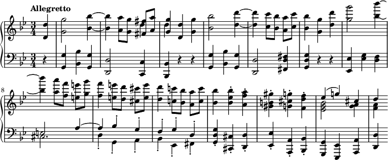 
    { \new PianoStaff <<
        \new Staff <<
            \set Staff.midiInstrument = "string ensemble 1"
            \clef treble
            \key g \minor 
            \time 3/4 
            \tempo "Allegretto" \tempo 4 = 160
            \new voice \relative c' {
                \partial 4 <d d'>4
                <g g'>2 <bes~ bes'~>4
                <bes bes'>4 <a a'>8[ <g g'>] \stemUp <fis fis'>[ <a a'>]
                <g g'>4 \stemNeutral <d d'> <g g'>
                <bes bes'>2 <d~ d'~>4
                <d d'> <c c'>8[ <bes bes'>] <a a'>[ <c c'>]
                <bes bes'>4 <g g'> <d' d'>
                <g g'>2 <bes~ bes'~>4 \break

                <bes bes'> <a a'>8[ <f f'>] <e e'>[ <g g'>]
                <f f'>4 <e e'>8[ <d d'>] <cis cis'>[ <e e'>]
                <d d'>4 <c! c'!>8[ <bes bes'>] <a a'>[ <c c'>]
                <bes bes'>4 <bes es bes'>-. <a f' a>-.
                <gis b! gis'>-. <g cis g'>-. <f d' f>-.
                \stemUp es'^( g!) cis,
                d
            }
            \new Voice \relative c'' {
                s4
                s2.
                s2 \stemDown d4
                d s2
                s2.
                s2.
                s2.
                s2.
                s2.
                s2.
                s2.
                s2.
                s2.
                <es, g bes>2 <g a>4
                <f a>
            }
        >>
        \new voice \new Staff <<
            \set Staff.midiInstrument = "string ensemble 1"
            \clef bass
            \key g \minor 
            \relative c {
                \time 3/4
                \partial 4 r4
                <g g'> <bes bes'> <g g'>
                <d d'>2 <c c'>4
                <bes bes'> r r
                <g' g'> <bes bes'> <g g'>
                <d d'>2 <fis d' fis>4
                <g d' g> r r
                <es es'> <es' g> <d f>
                \stemUp e2 a4^~
                a bes^\staccato g^\staccato
                f^\staccato g^\staccato d^\staccato
                \stemNeutral <g, d' g>-. <cis, cis'>-. <d d'>-.
                <es es'>-. <a, a'>-. <bes bes'>-.
                <g g'> <es es'> <a a'>
                <d d'>
             }
            \new Voice \relative c {
                s4
                s2.
                s2.
                s2.
                s2.
                s2.
                s2.
                s2.
                \stemDown cis2.
                d4_. g,_. a_.
                bes_. es,_. fis_.
            }
        >>
    >> }
