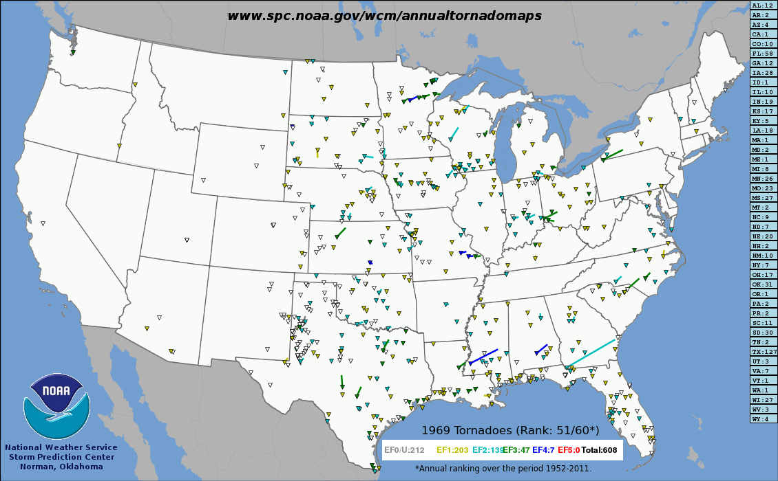 Tracks of all US tornadoes in 1969.