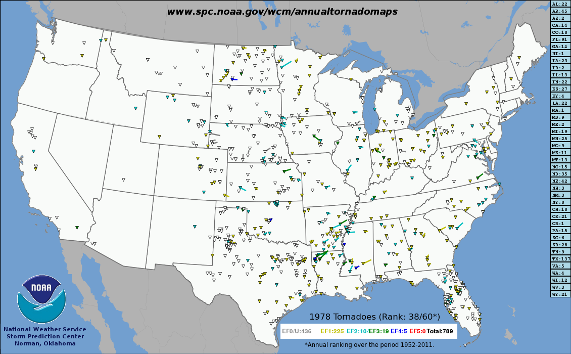 Tracks of all US tornadoes in 1978.