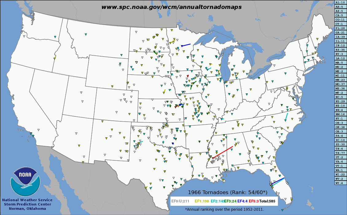 Tracks of all US tornadoes in 1966.