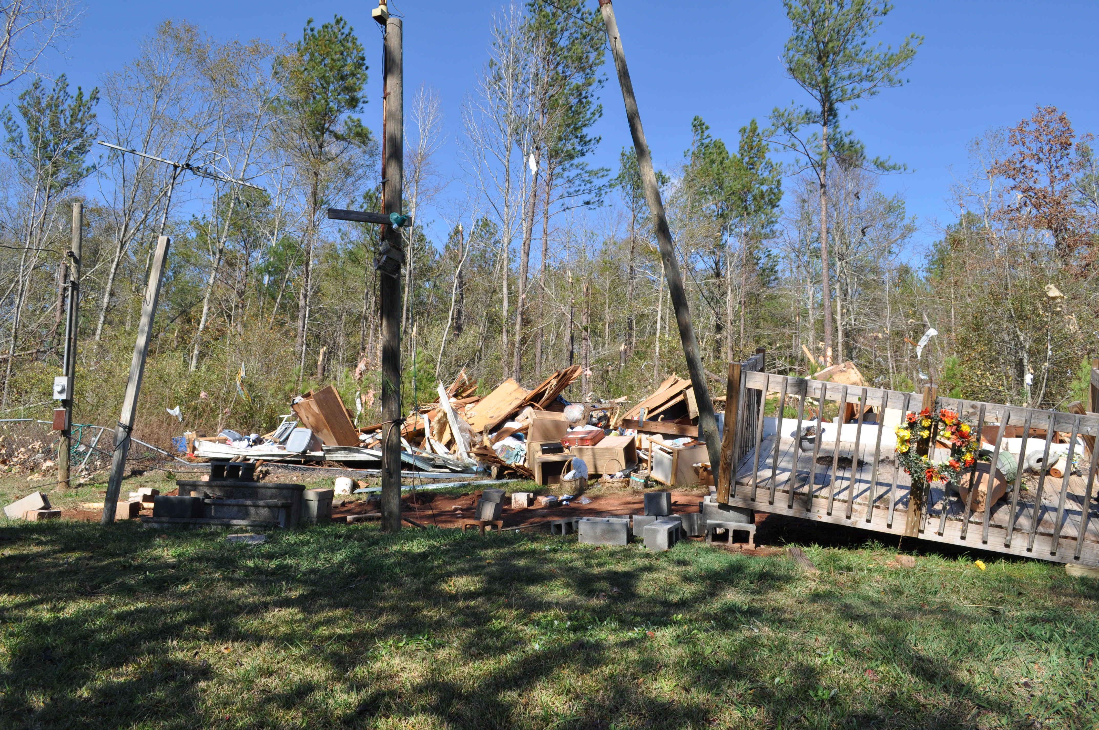 A mobile home that was destroyed by the EF2 tornado in Hamilton, Georgia.