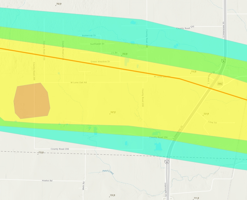 Track and intensity map of the tornado at its peak intensity south of Valley View from the National Weather Service