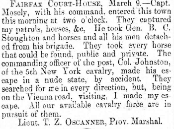 old newspaper article about Mosby's raid at Fairfax Courthouse
