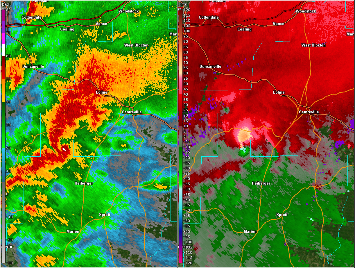 Radar image of EF3 Sawyerville, AL tornado fluctuating between EF2-EF3 as it approached Brent and Centreville at 2155Z on 3-25-2021.