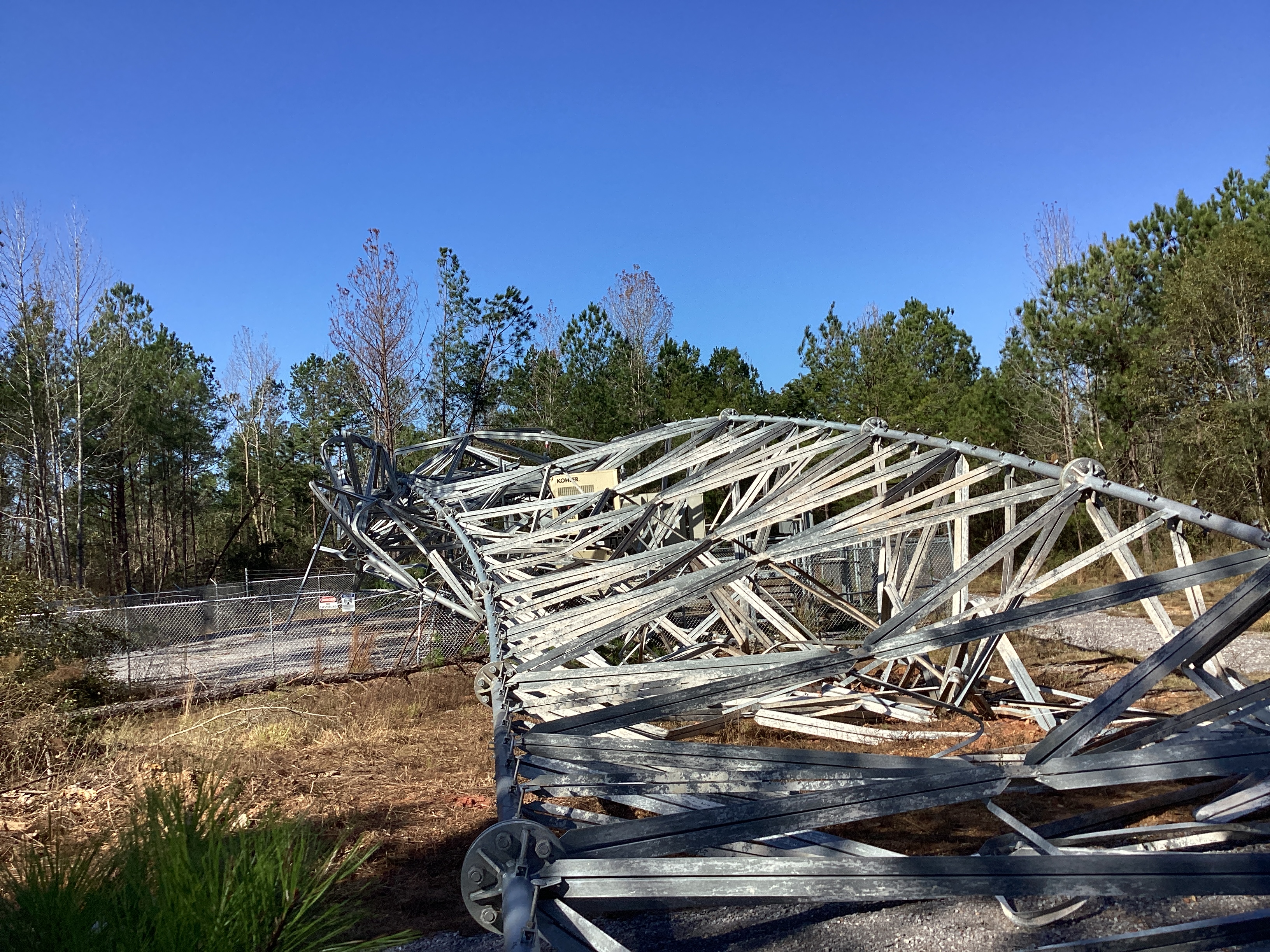 A cell phone tower that was knocked down by an EF2 tornado just northwest of Cheraw, Mississippi.