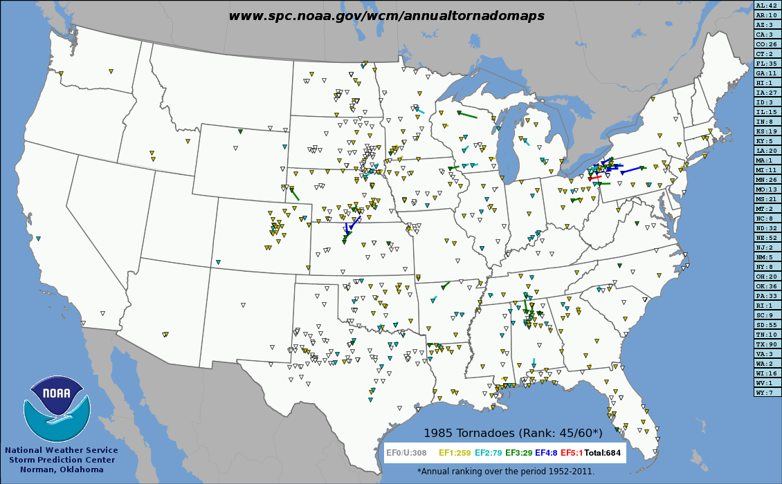 Tracks of all US tornadoes in 1985.