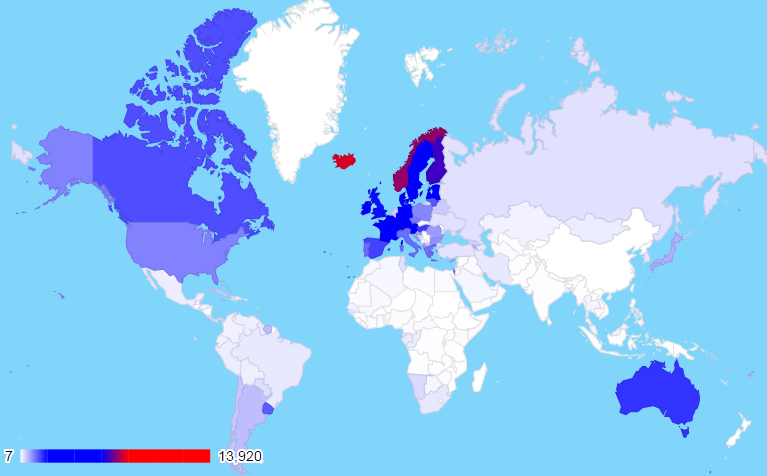 For each country : number of humans in Wikidata / population of the country