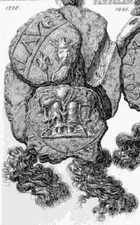 Black-and-white drawing of a partially damaged medieval coin with an image of a seated queen.