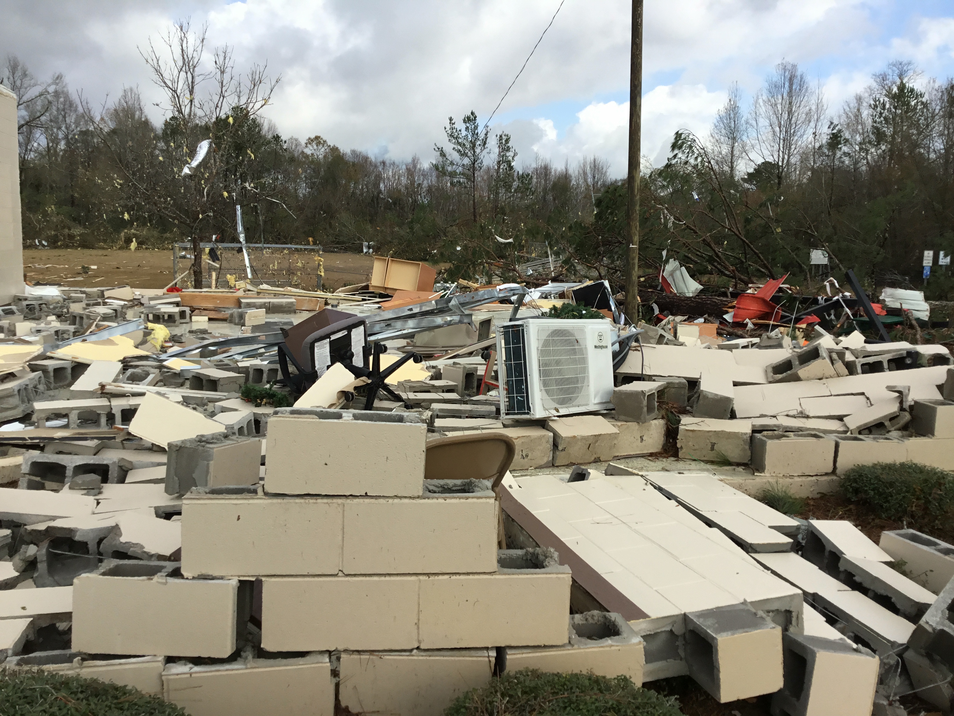 Heavy damage to a community center in the northern suburbs of Montgomery, Alabama.