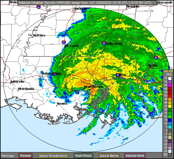 Radar imagery showing Zeta moving over New Orleans as a 105 mph Category 2 hurricame.