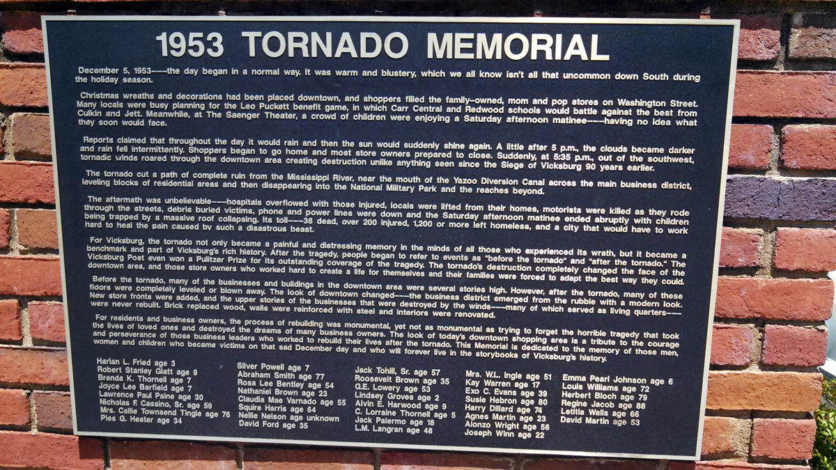 1953 Vicksburg Tornado Memorial Plaque.