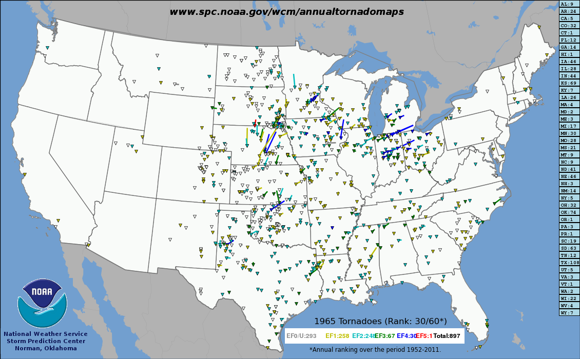 Tracks of all US tornadoes in 1965.