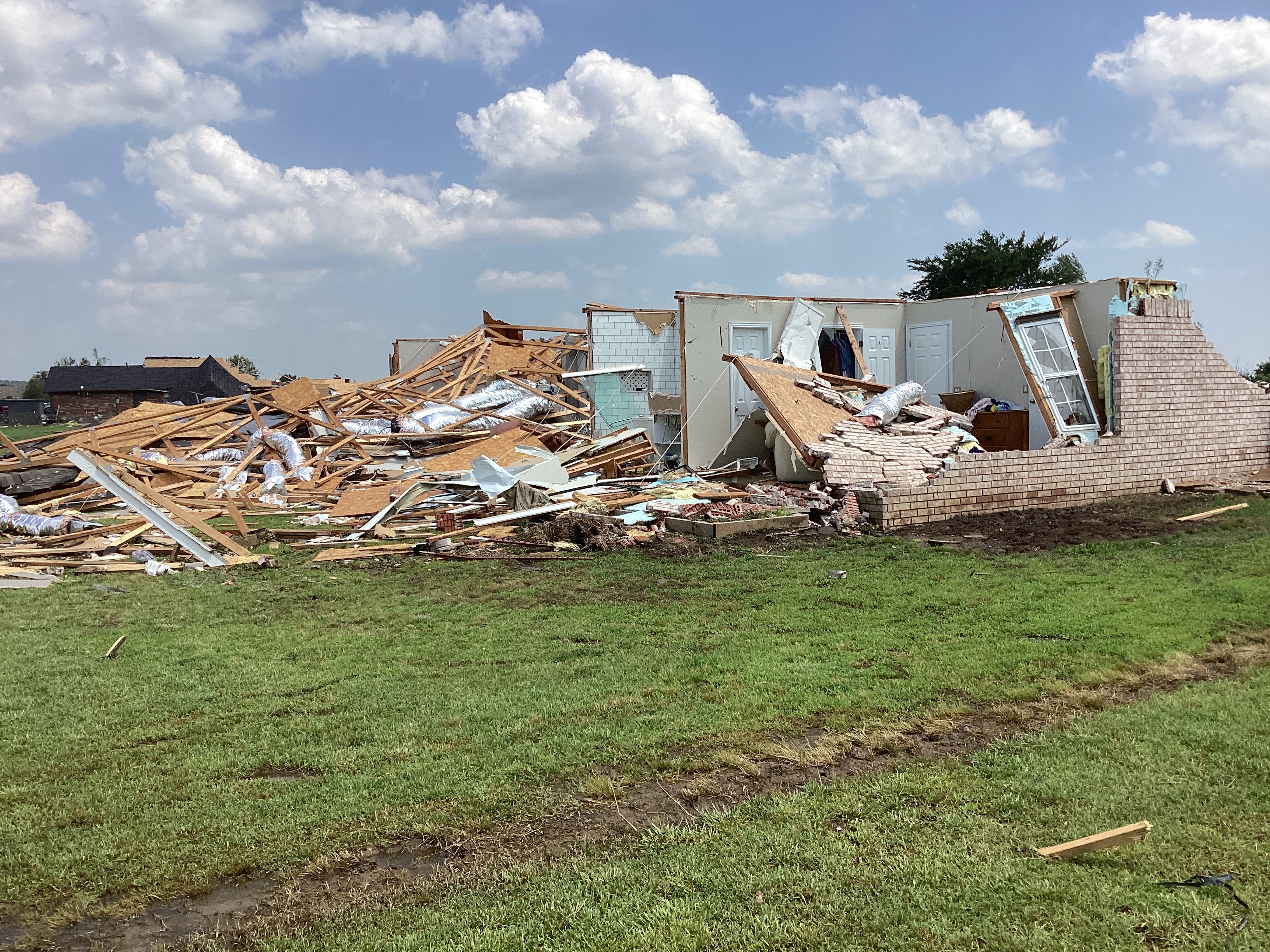 A home that was mostly destroyed at EF3 intensity east of Claremore, Oklahoma from the EF3 Keetonville–Claremore–Pryor, Oklahoma tornado.