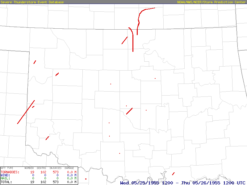 Oklahoma tornado tracks during the 1955 Great Plains tornado outbreak