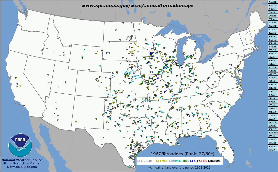 Tracks of all US tornadoes in 1967.