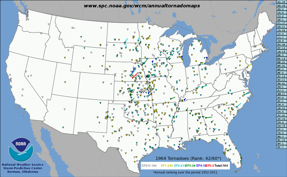 Tracks of all US tornadoes in 1964.