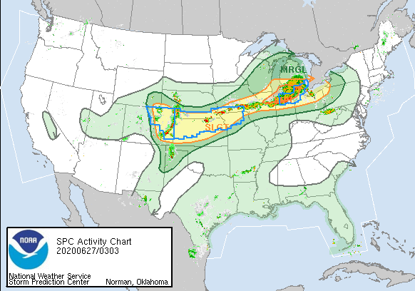 An example of an Enhanced Risk day overlayed with the radar with Severe Thunderstorm Watches in effect.