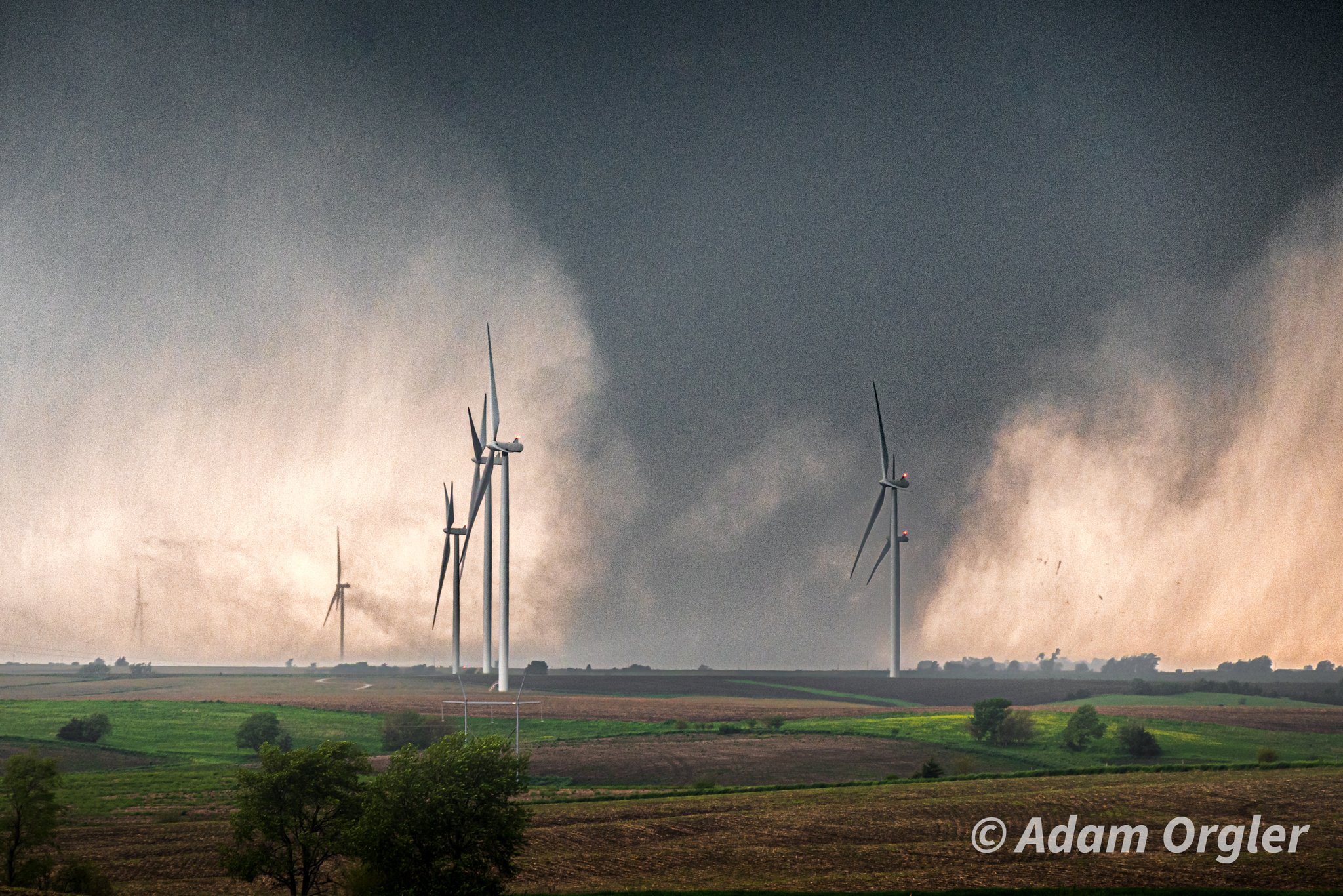 A photo of the tornado in a wind farm south of Greenfield, Iowa.