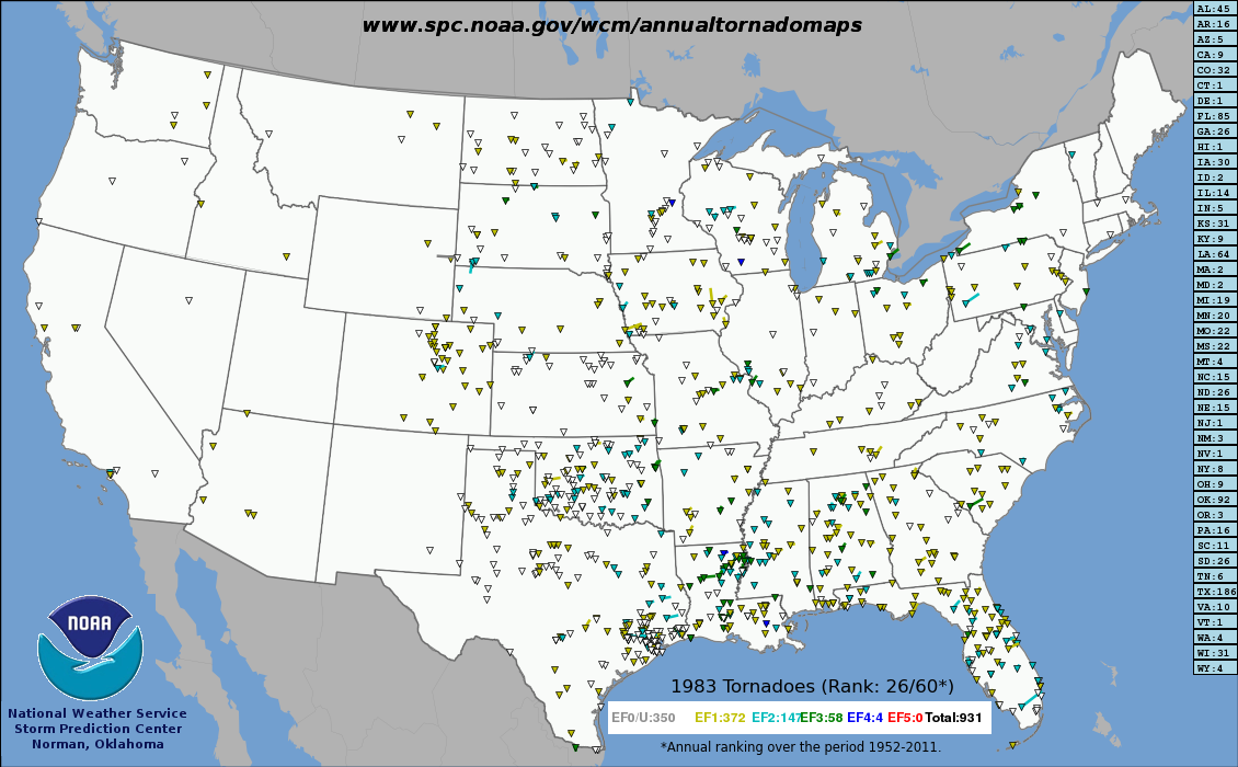 Tracks of all US tornadoes in 1983.