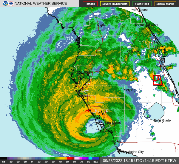 Hurricane Ian makes landfall on September 28, 2022 in Cayo Costa State Park in Southwest Florida as seen from the KTBW radar