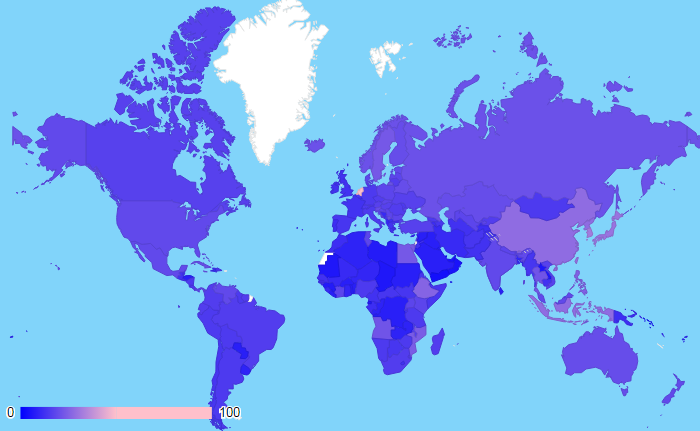 For each country : number of women / (number of men + number of women) in Wikidata