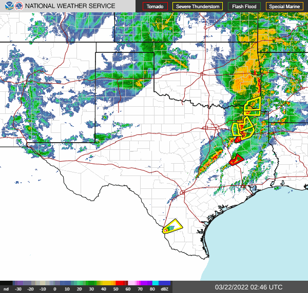Radar loop of a QLCS and supercells along with severe warnings in Southern and Eastern Texas and Southeastern Oklahoma during the evening of March 21, 2022.