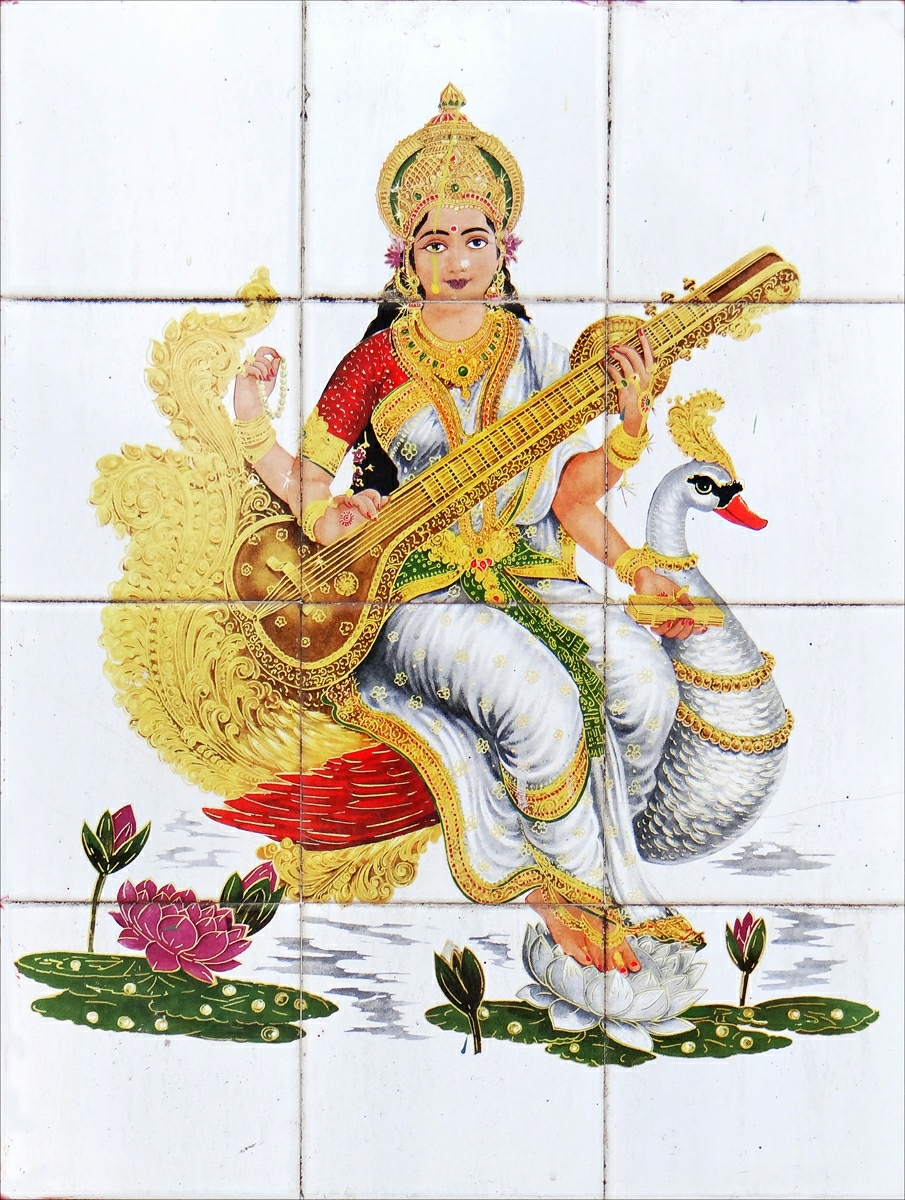 2 Hindu deity Sarasvati Saraswati on ceramic tile in Munnar Kerala India March 2014