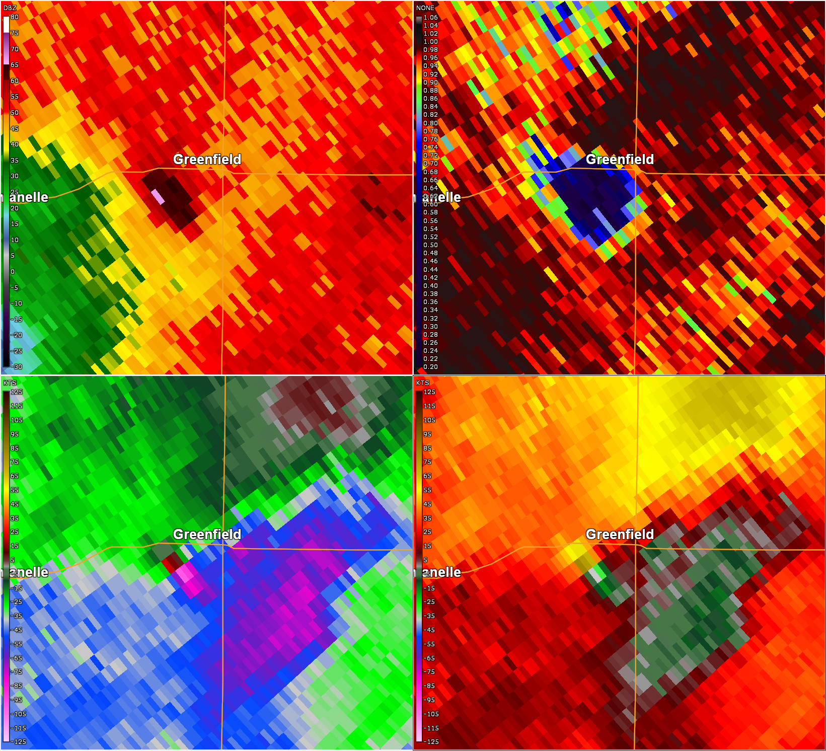 Radar image of the EF4 Greenfield tornado as it entered the town at peak intensity.