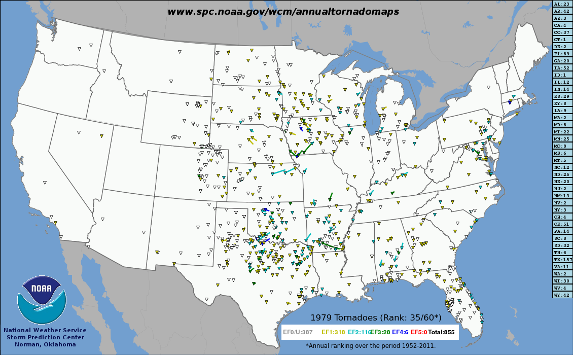 Tracks of all US tornadoes in 1979.