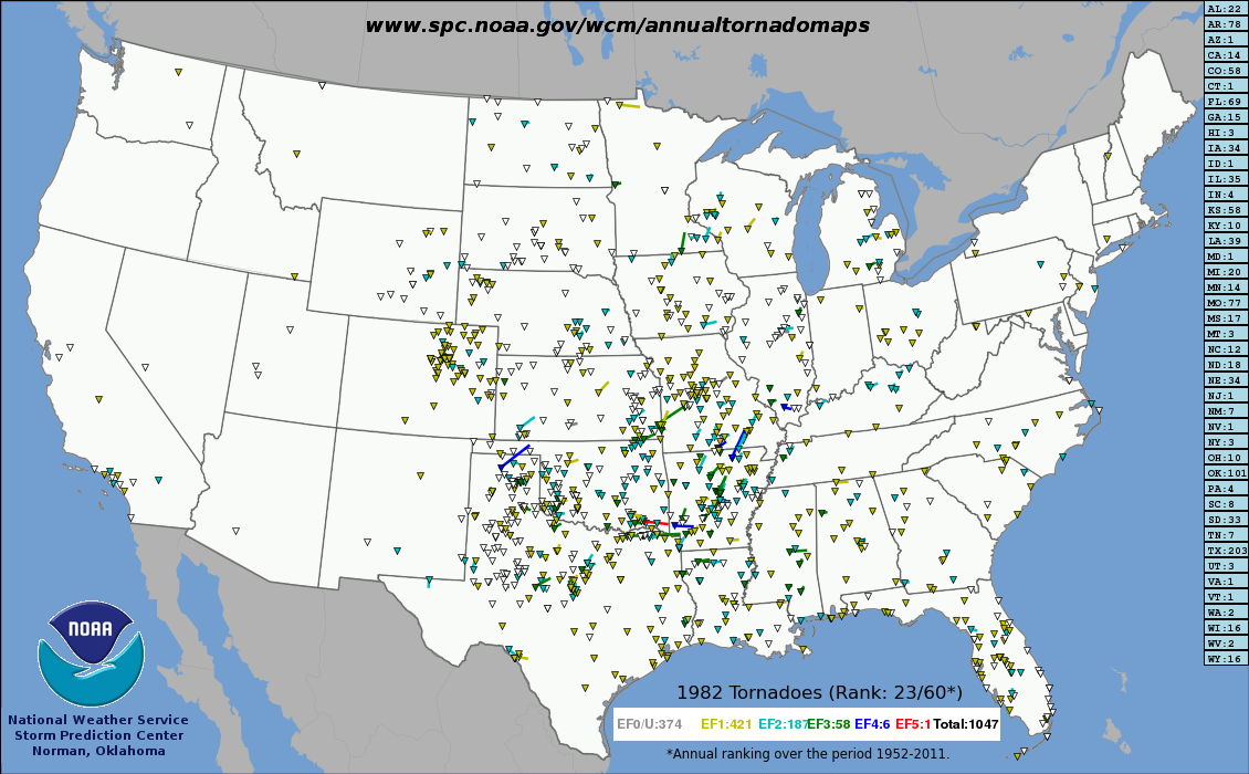 Tracks of all US tornadoes in 1982.