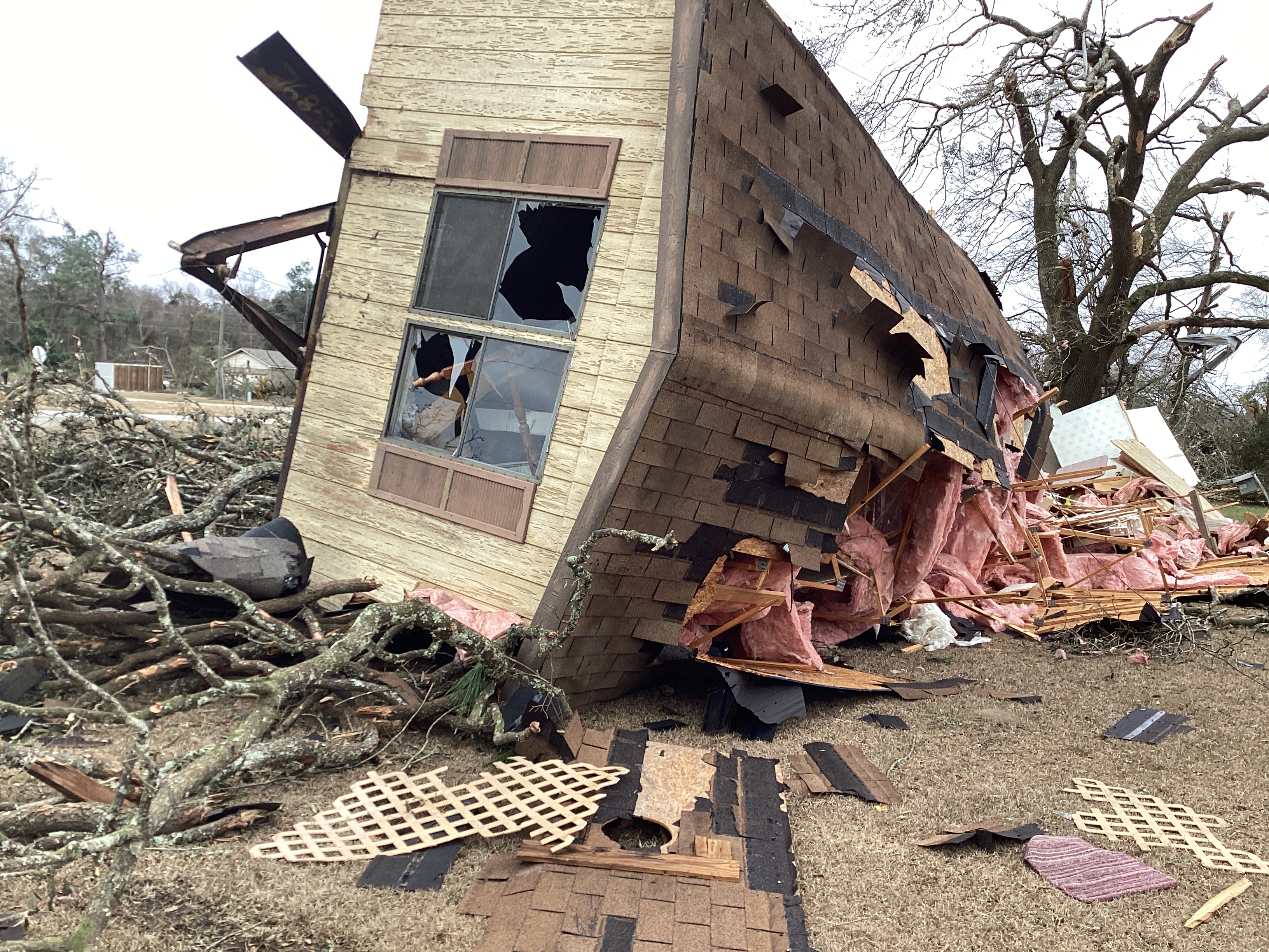 A mobile home that was rolled and destroyed by an EF2 tornado in Movico, Alabama.