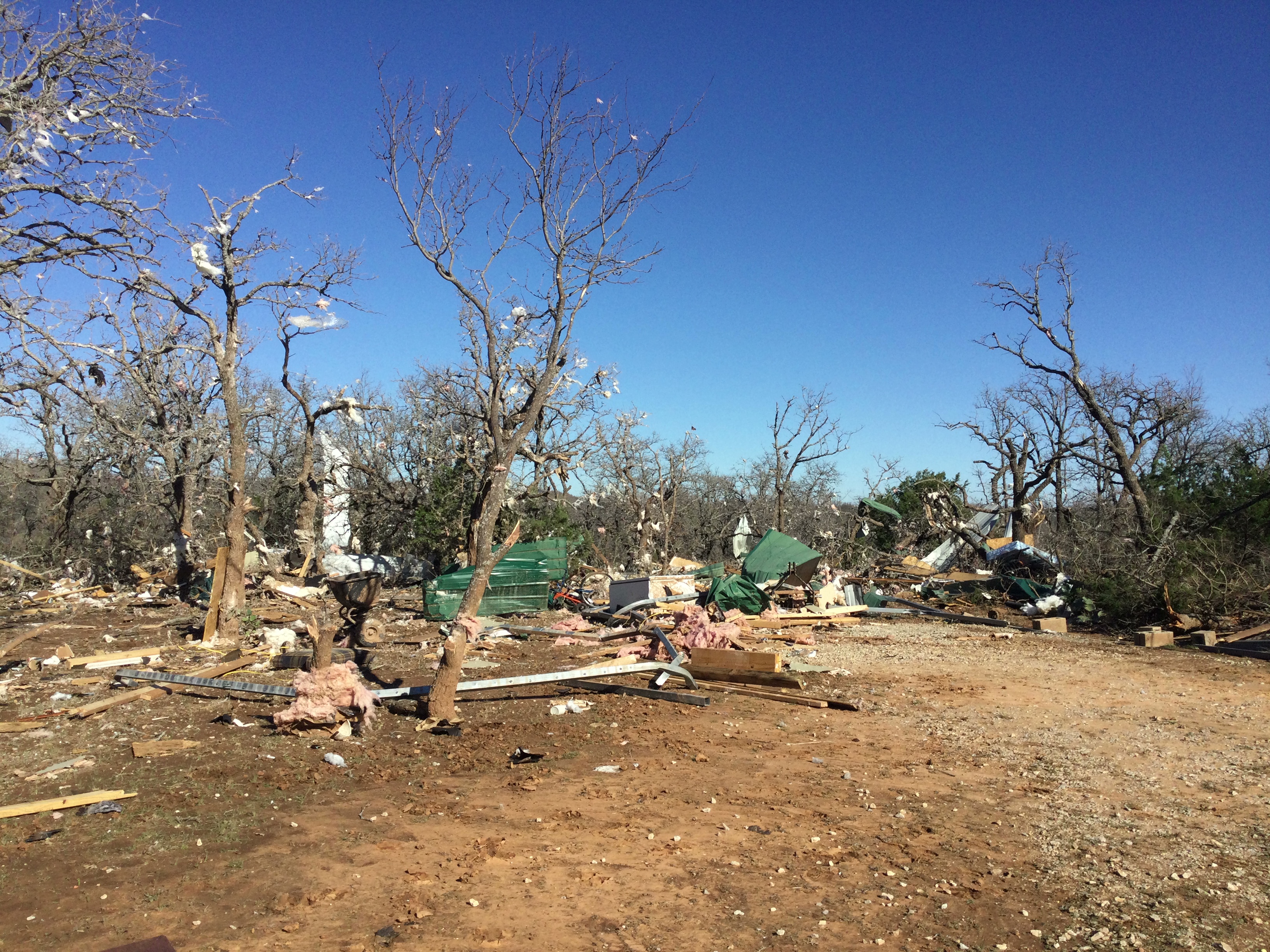 A carport that was destroyed at high-end EF2 intensity in Eastland County, Texas north of Gorman, Texas.