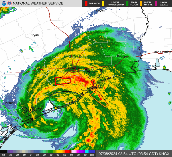Hurricane Beryl makes landfall on July 8, 2024, near Matagorda, Texas as seen from the KHGX radar.