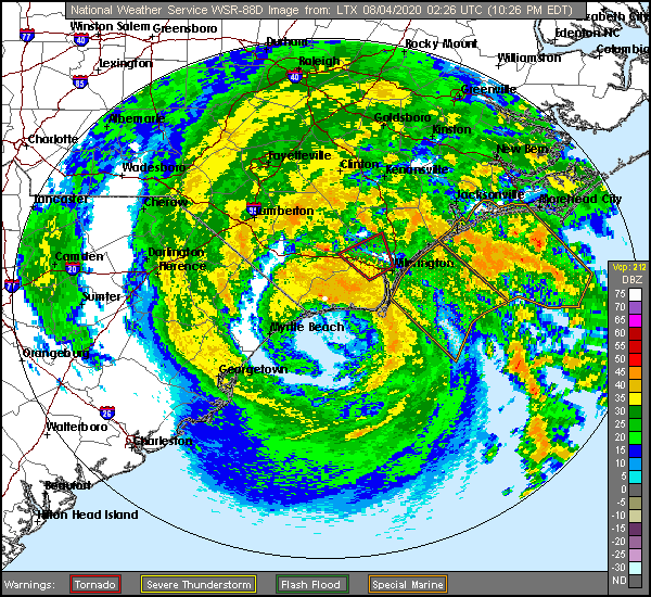 Hurricane Isaias making landfall in North Carolina as seen on weather radar.
