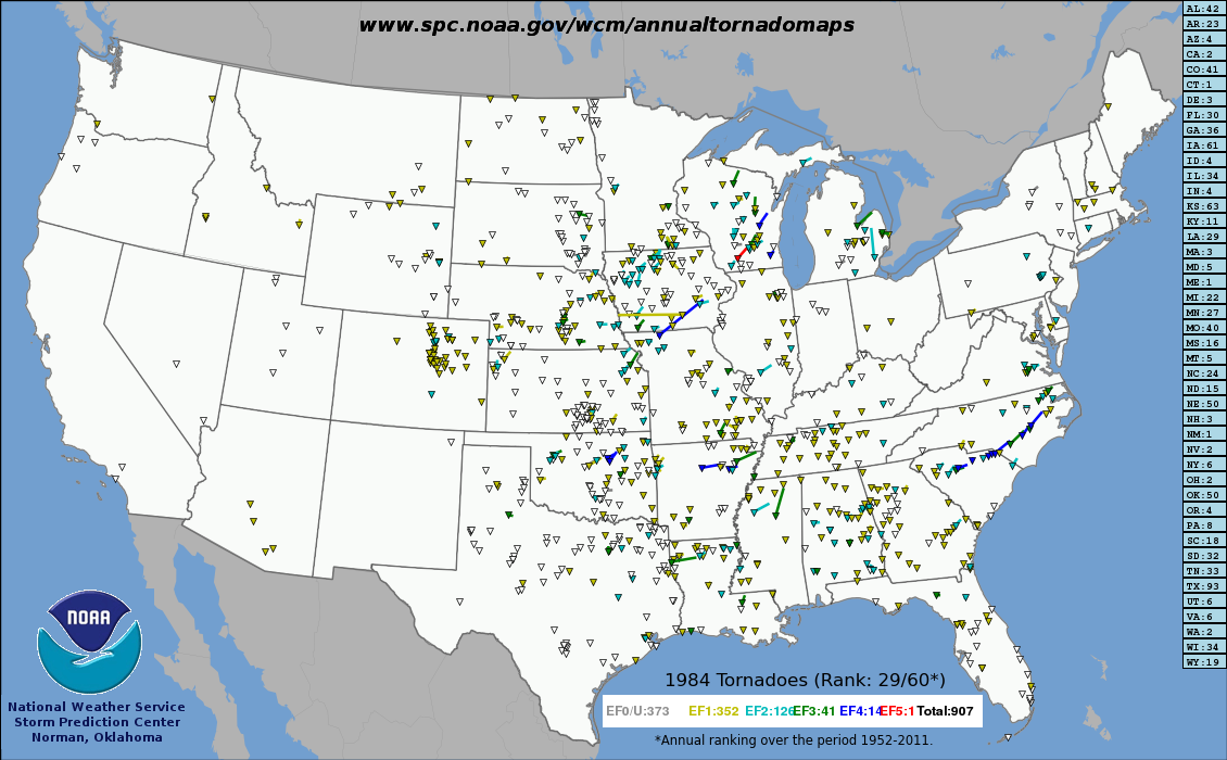 Tracks of all US tornadoes in 1984.