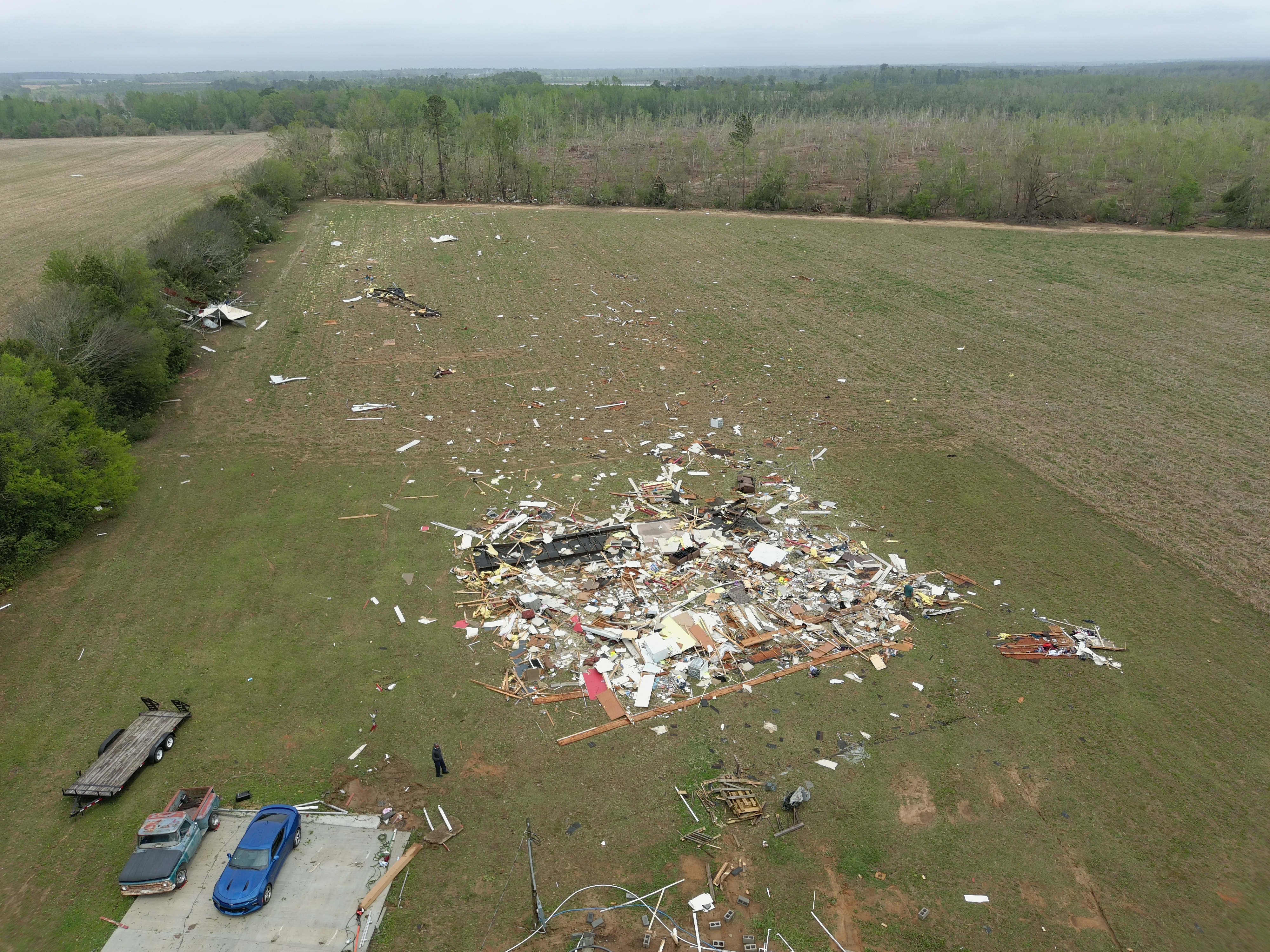 A mobile home that was completely destroyed at low-end EF3 intensity south of Allendale, South Carolina.