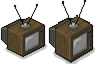 ☎∈ A television set drawn in near-isometric pixel art (left) compared with the same image with isometric proportions (right), enlarged to show the pixel structure.[9]
