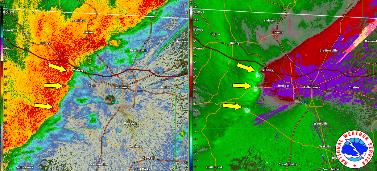 Radar imagery depicting the three simultaneous tornadoes in Leon County, Florida on the morning of May 10, 2024.