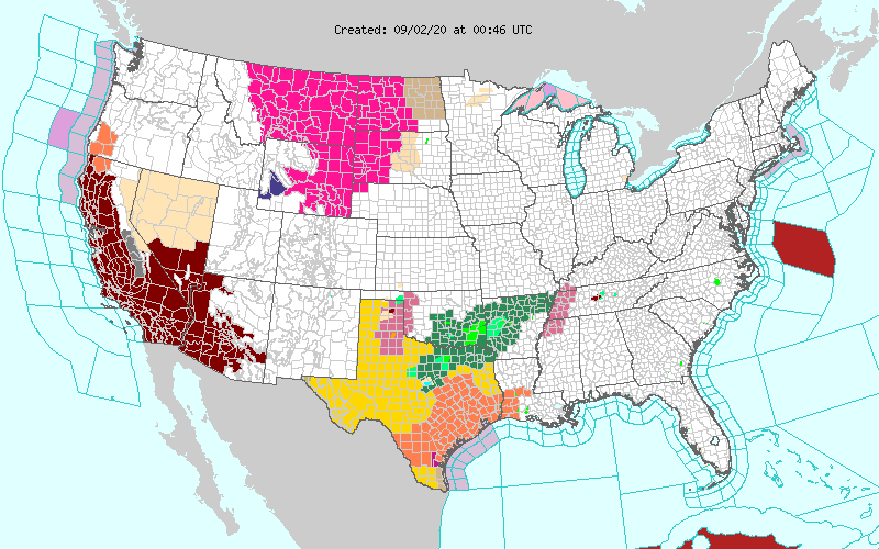 A map showing the various alerts in the US on 9/1/2020.