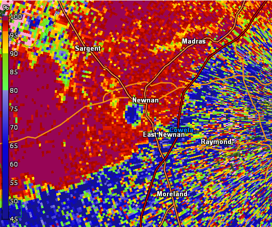 CC radar image of the EF4 Newnan tornado at peak intensity as it entered Newnan.