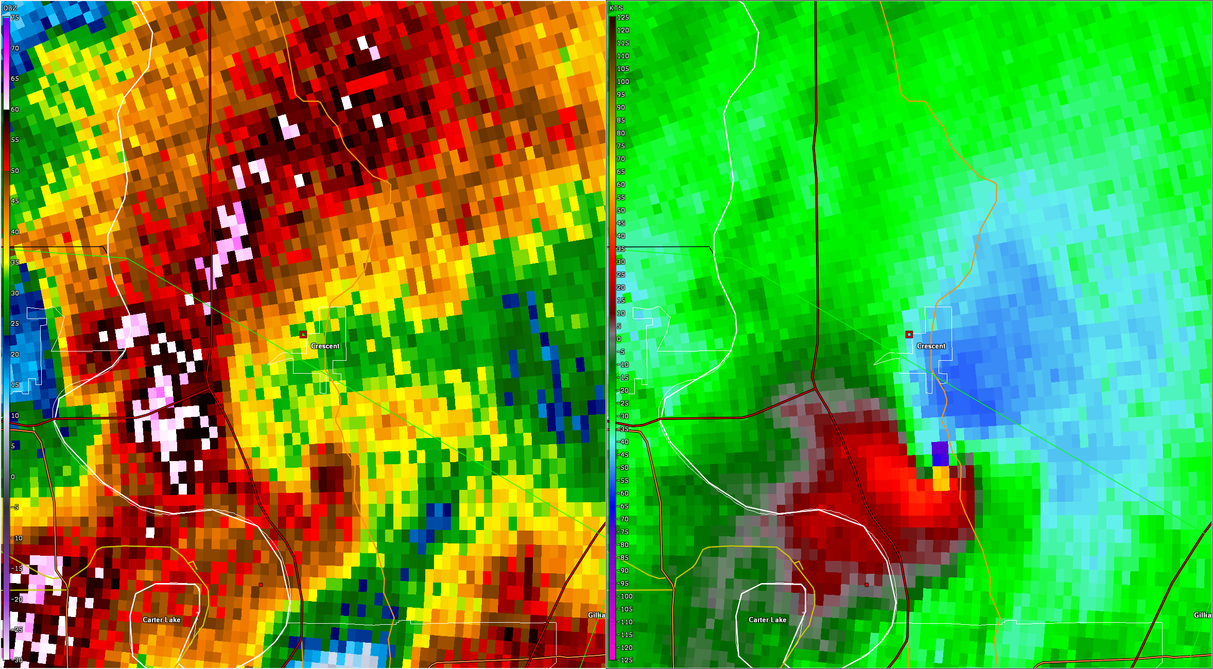 Radar image of the EF3 Crescent tornado at peak intensity south of the town.