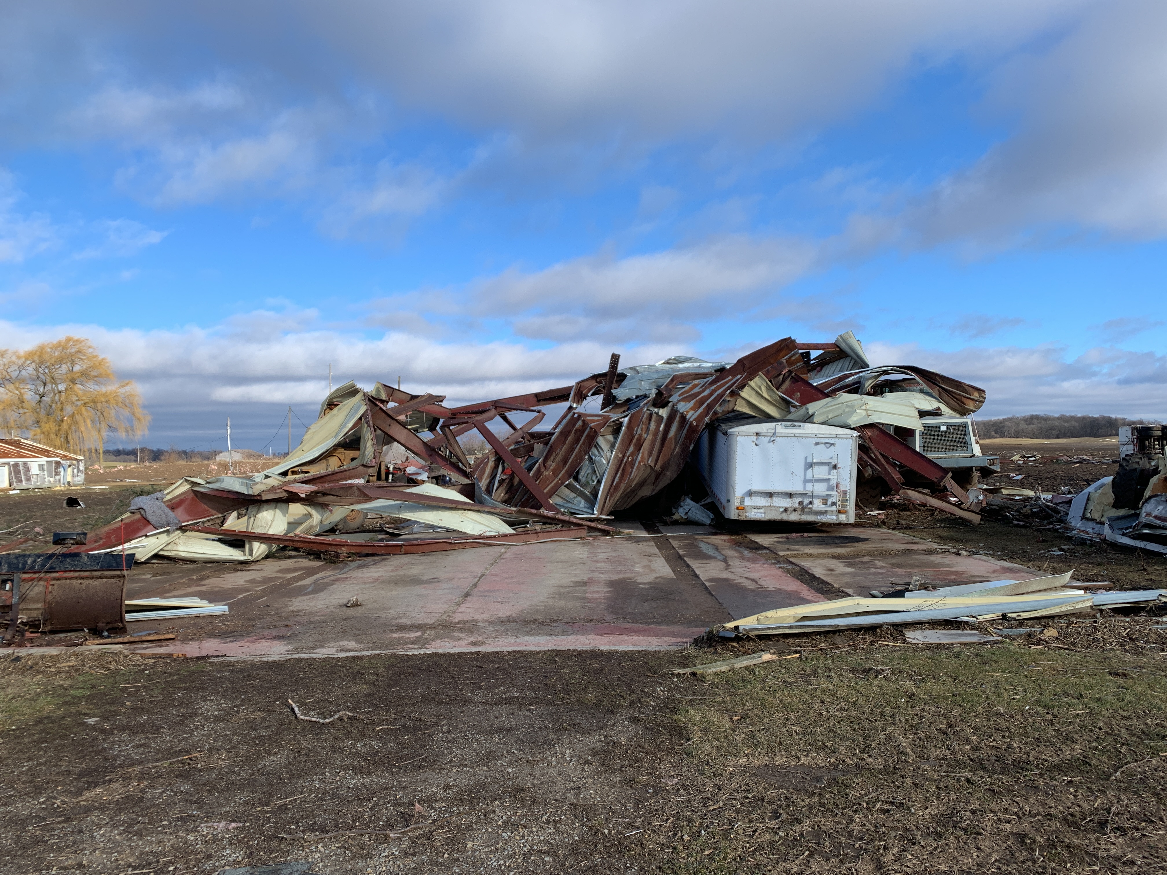 A large metal outbuilding that was destroyed at high-end EF2 intensity near Evansville, Wisconsin