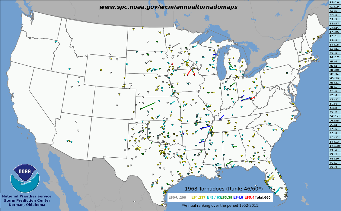 Tracks of all US tornadoes in 1968.