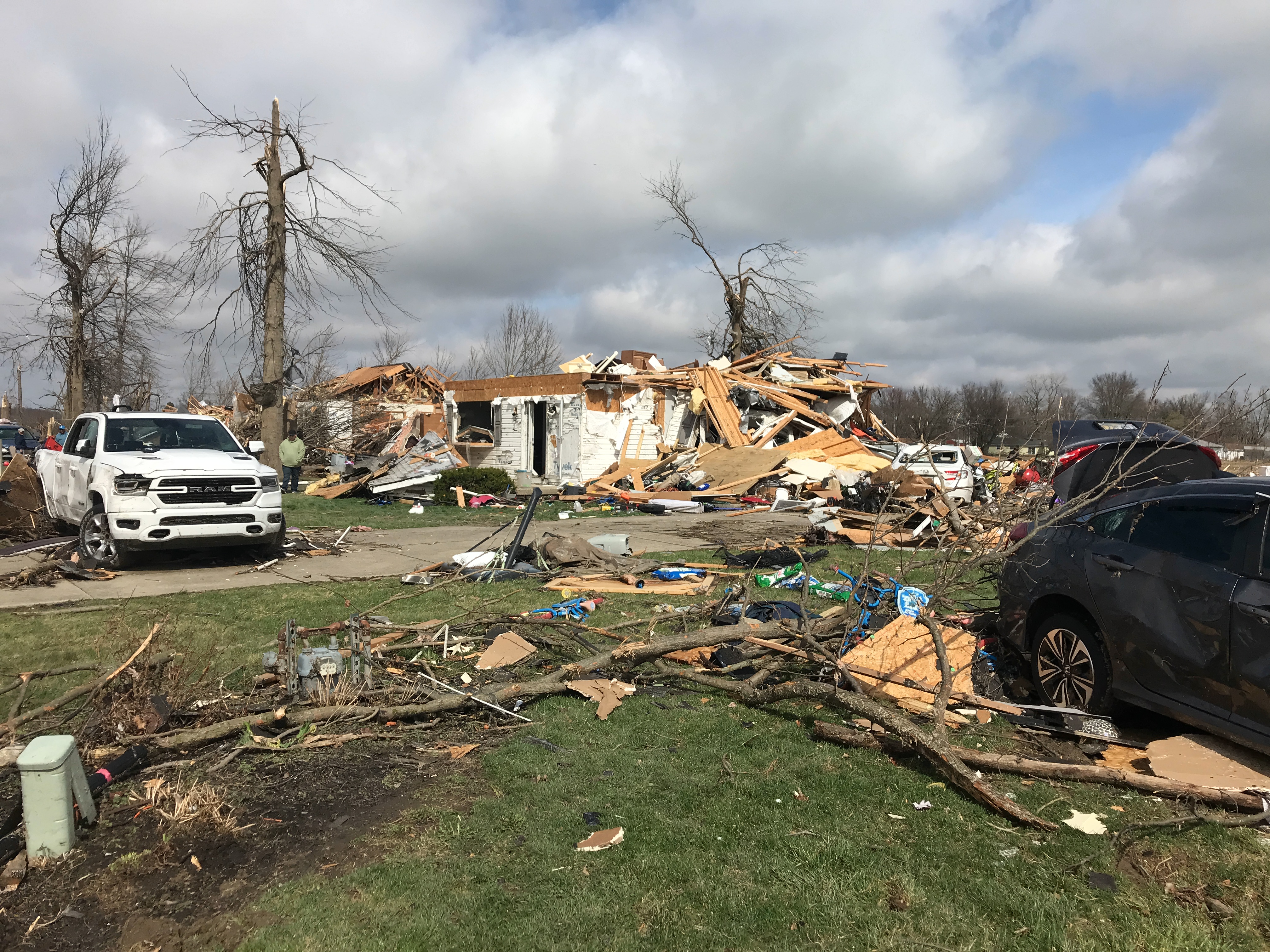 Homes that were heavily damaged at EF3 intensity on the west side of Lakeview, Ohio.