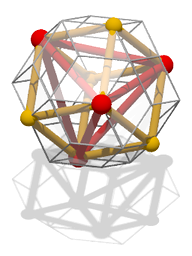 ☎∈ A rhombic triacontahedron with an inscribed tetrahedron (red) and cube (yellow). (Click here for rotating model)