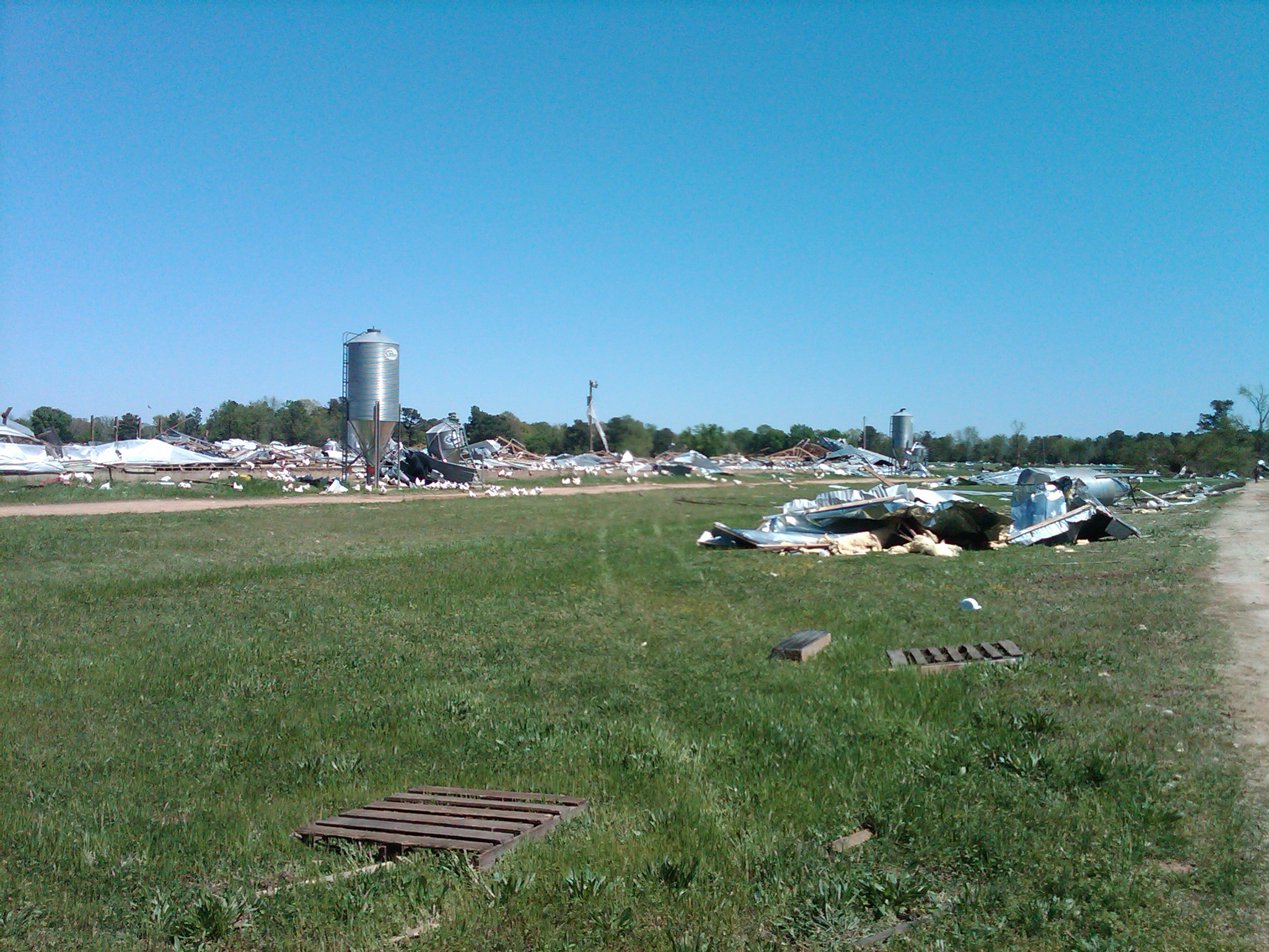 Four chicken houses that were destroyed by an EF2 tornado east of Blevins, Arkansas.